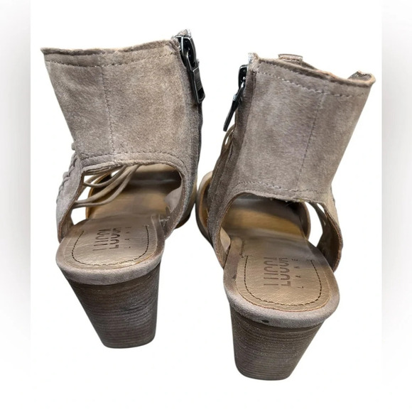 Lucca Lane | Amber Beige Suede Leather Cage Open Toe Stacked Heel Sandals - Picture 8 of 9